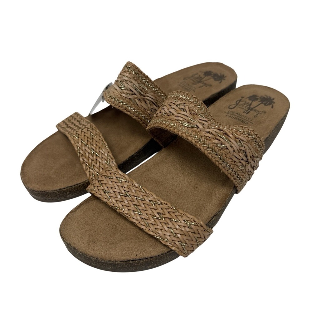 Jellypop Tanzan Women 8.5 Tan Woven Braided Gold Metallic Wedge‎ Slide Sandals
